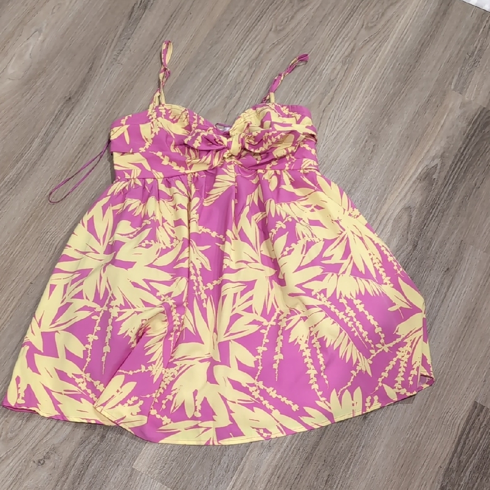 Velvet Pink and Yellow Tropical Print Mini Dress